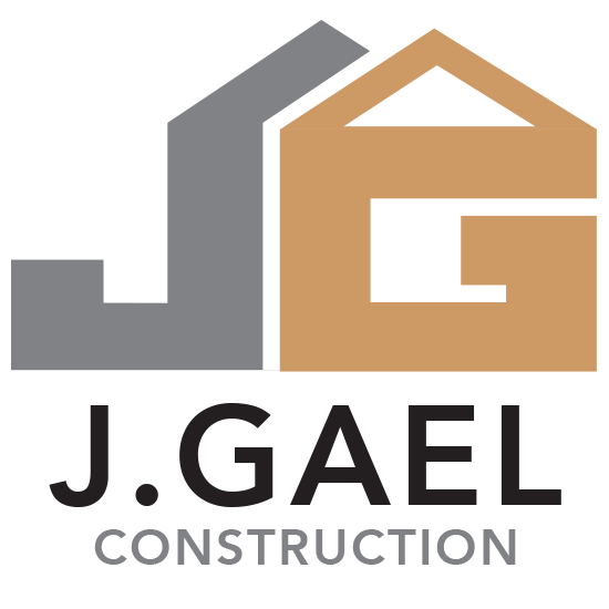 Logo for J. Gael Construction, featuring stylized letters "J" and "G" forming a house roof and structure.