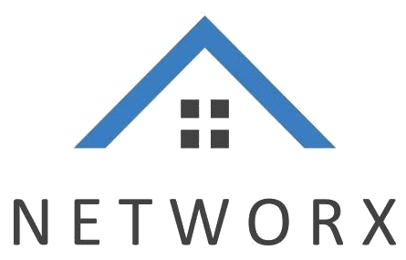 Logo with a blue roof shape, four black squares, and the word "NETWORX" in black below.