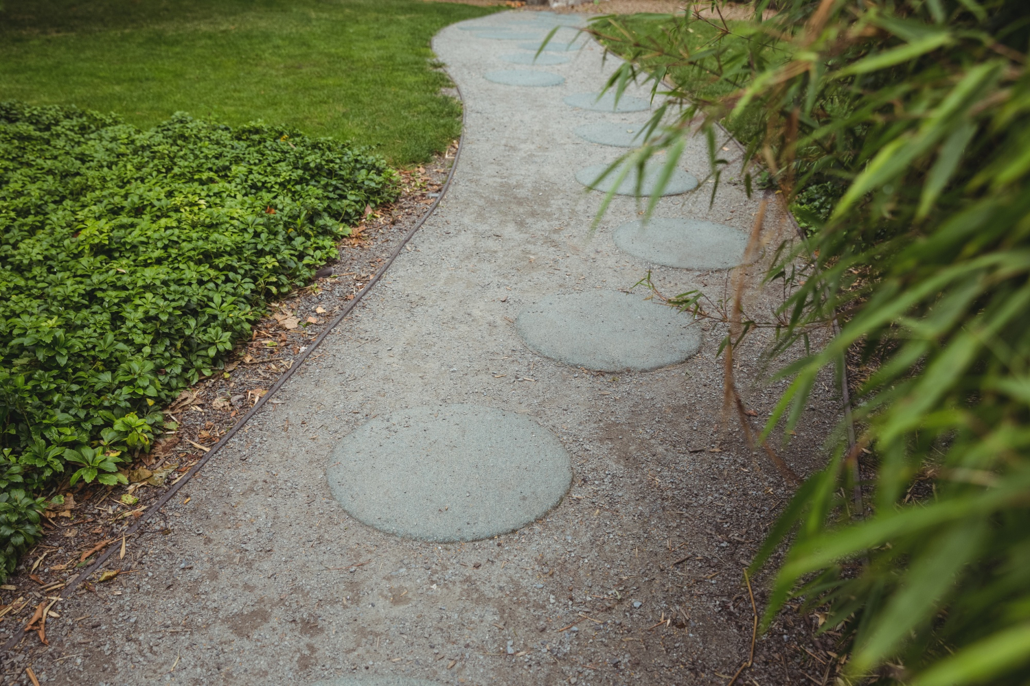 Curving gravel path with round stepping stones, bordered by green grass and leafy plants.